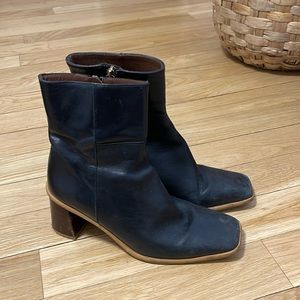 ALOHAS black ankle boots with brown trim, size 38